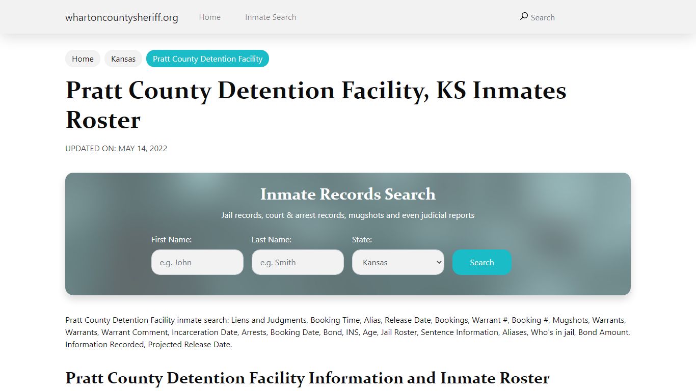Pratt County Detention Facility, KS Jail Roster, Name Search